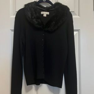 Petite Sophisticate Black Sweater with Faux Fur Collar